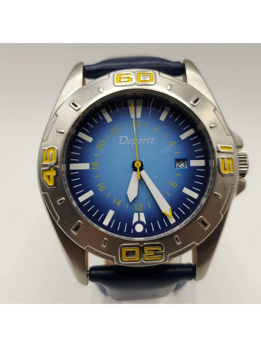 Deporte Mens 42mm Watch New Battery Blue/Yellow Date Dial  Blue Band